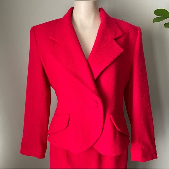 80s Vintage Julie & Leonard Suits Wool Hot Pink Blazer Jacket Skirt Suit Set - Picture 13 of 14